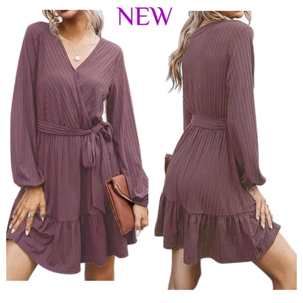 Rose Mauve Women’s medium Long Sleeve Wrap Dress - Elegant wrap with Tie Waist